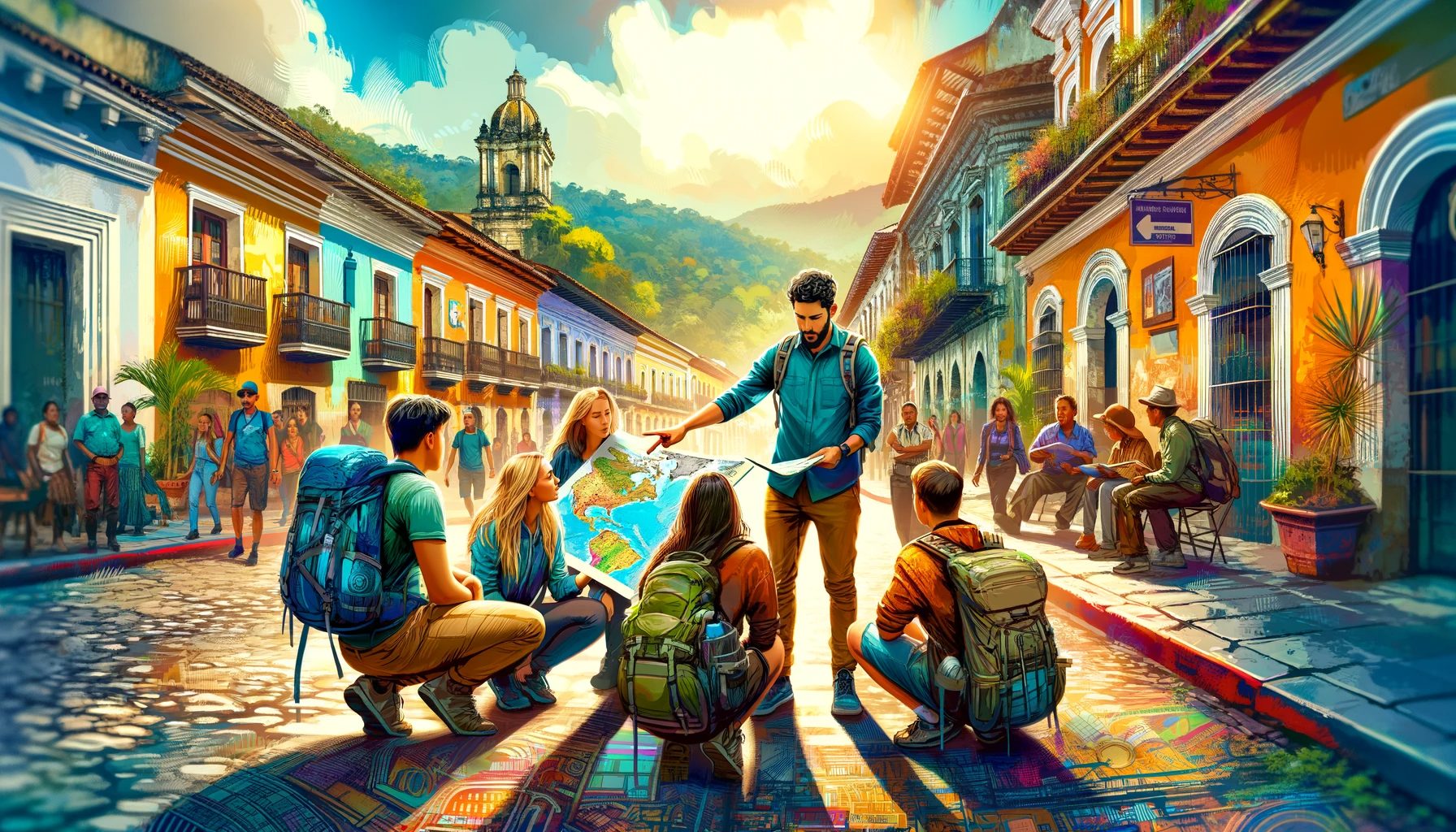 Colorful street with travelers and locals, colonial architecture.