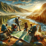 Hikers planning route at sunrise in mountainous landscape.