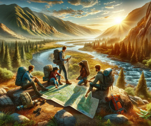 Hikers planning route at sunrise in mountainous landscape.