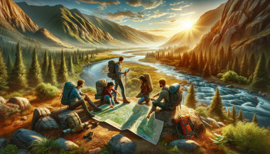 Hikers planning route at sunrise in mountainous landscape.