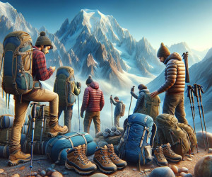 Hikers with gear facing snowy mountain peaks