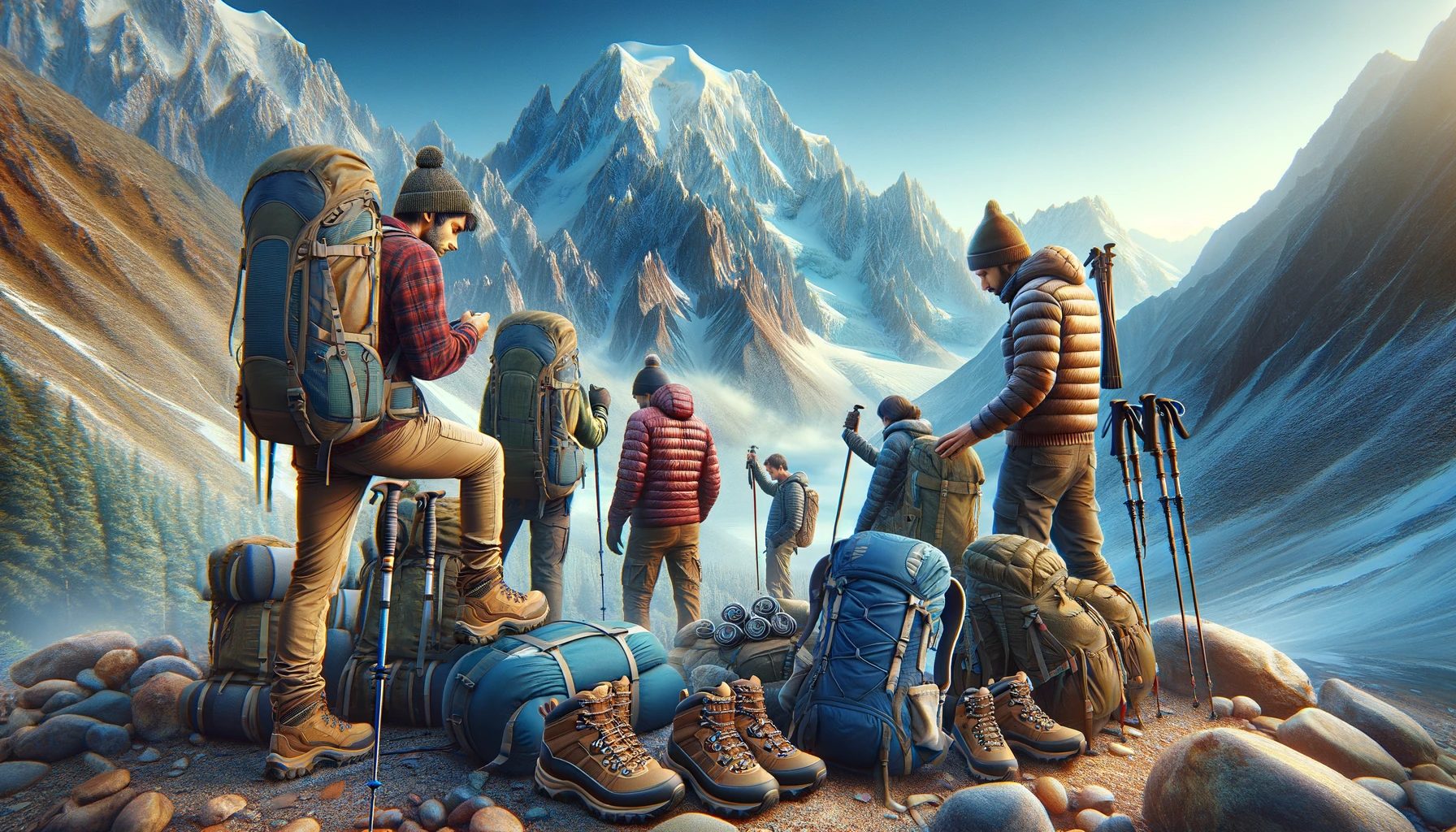 Hikers with gear facing snowy mountain peaks