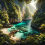 Enchanting hidden lagoon with waterfall in tropical forest.