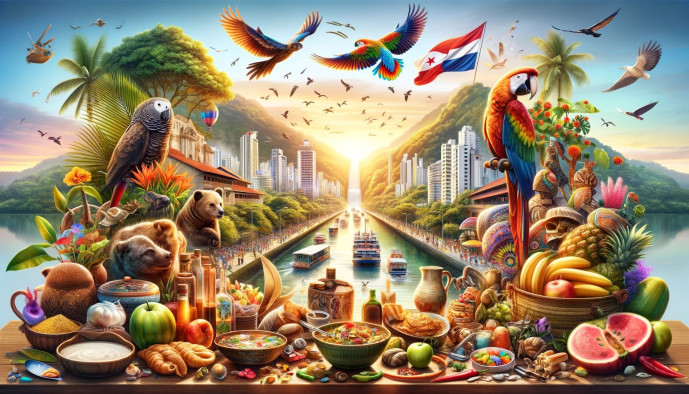 Colorful tropical paradise with wildlife and exotic fruits.