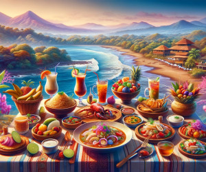 Colorful tropical feast by ocean with mountainscape background.