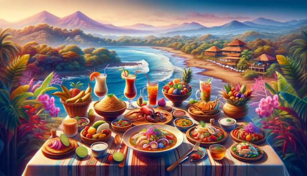Colorful tropical feast by ocean with mountainscape background.