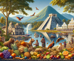 Colorful fantasy landscape with animals, fruits, and ancient pyramid.