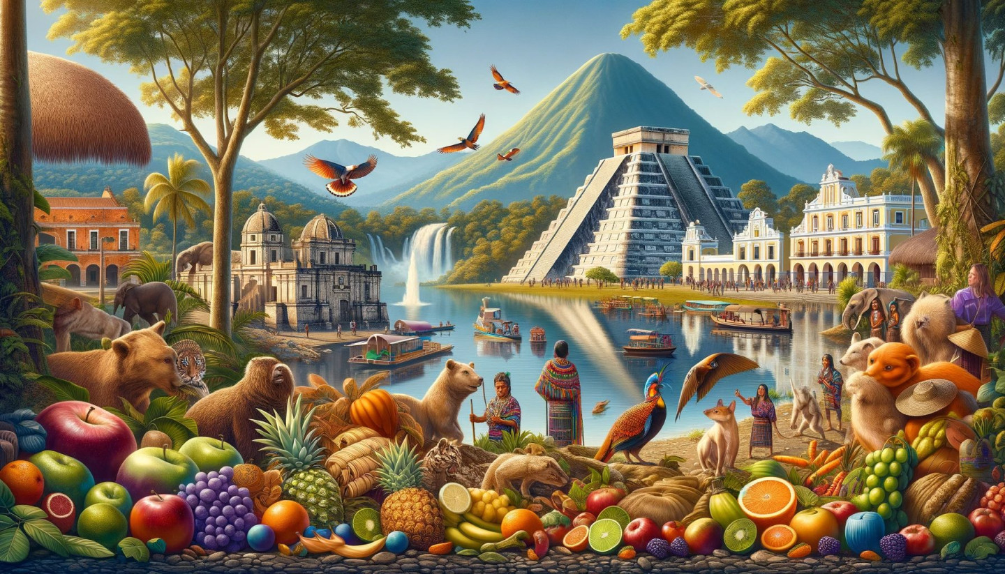 Colorful fantasy landscape with animals, fruits, and ancient pyramid.