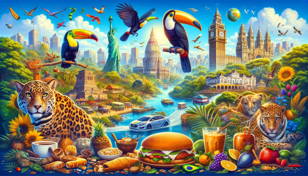 Colorful fantasy world with wildlife and famous landmarks.