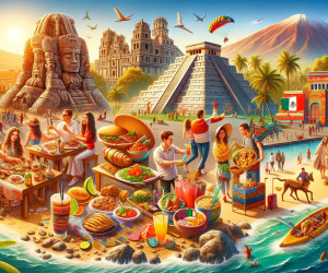 Vibrant Mexican culture, food, landmarks, and festivities illustration.