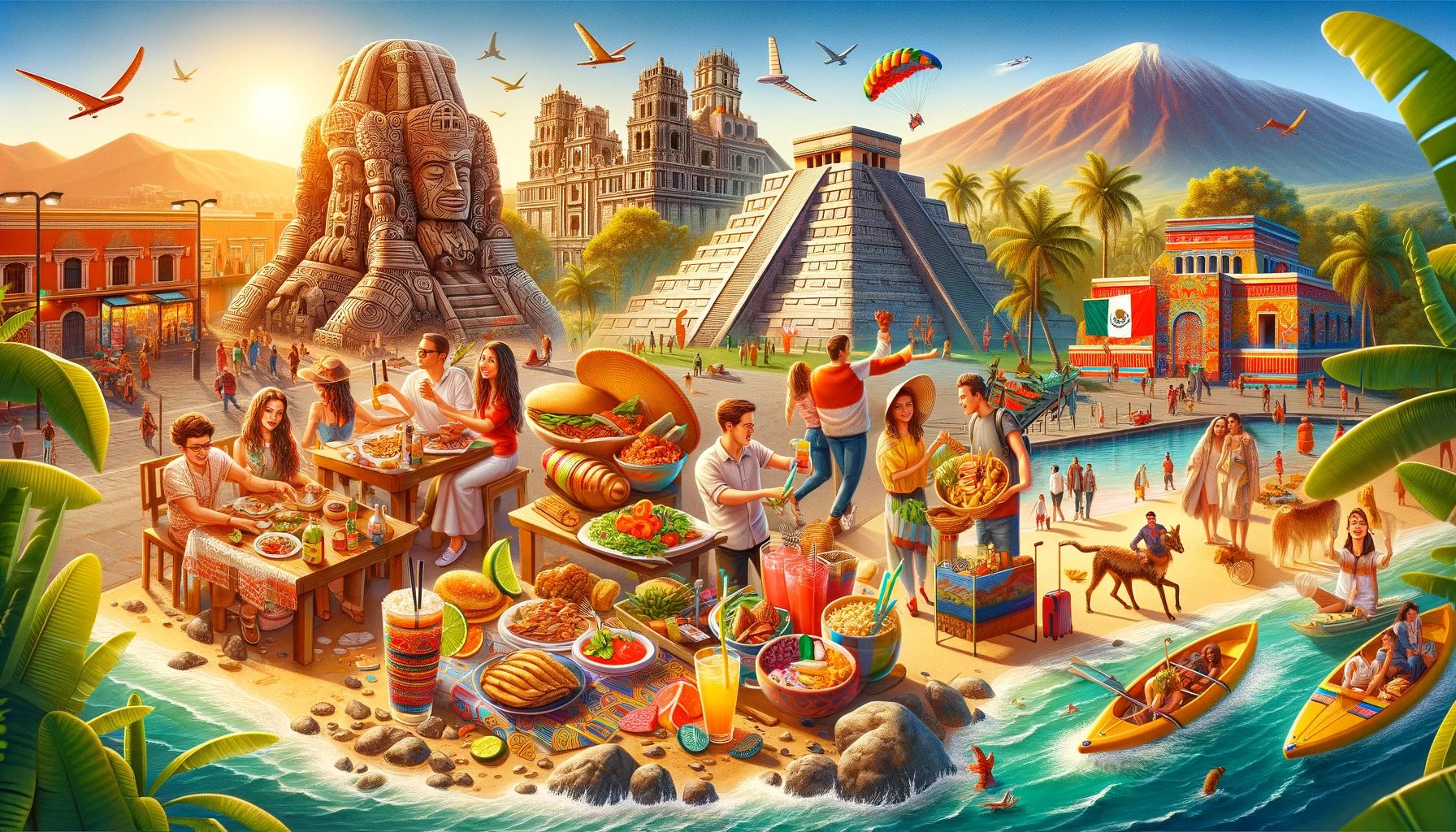 Vibrant Mexican culture, food, landmarks, and festivities illustration.