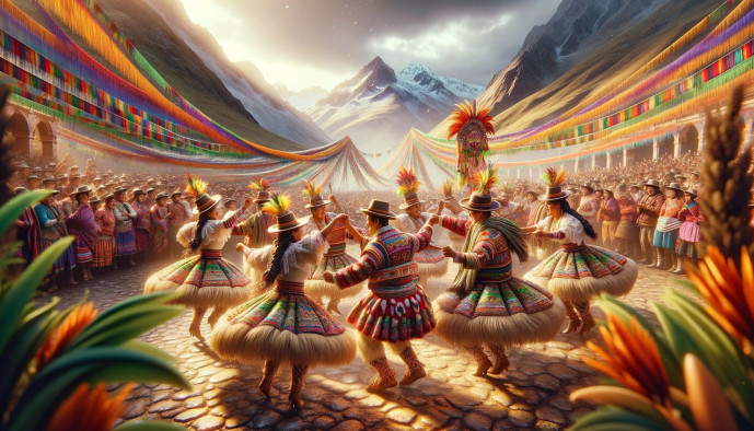 Traditional festival dance in colorful Andean clothing.