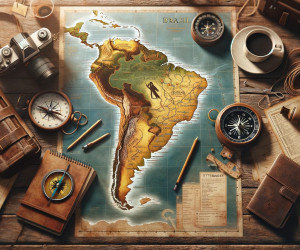 Vintage travel exploration desk with South America map.