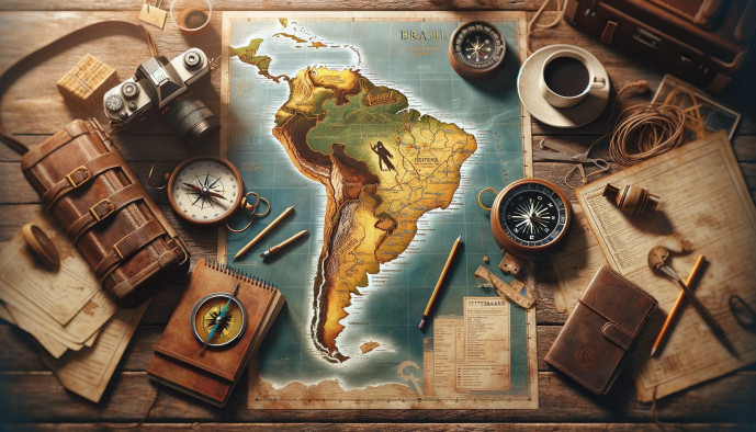 Vintage travel exploration desk with South America map.