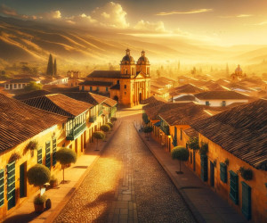 Colonial town at sunrise with mountains and cobblestone street.