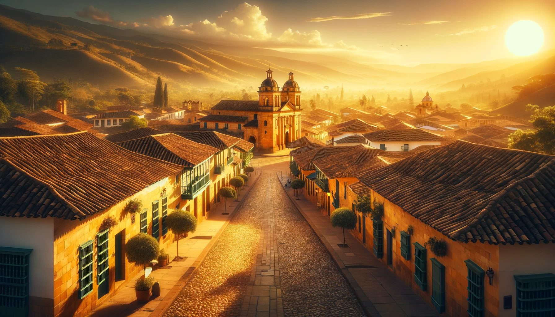 Ville coloniale au lever du soleil avec montagnes et rues pavées.