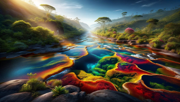 Vibrant river with colorful algae bloom in a forest landscape.