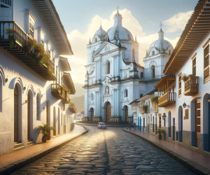 Colonial architecture in a picturesque cobbled street at dusk.