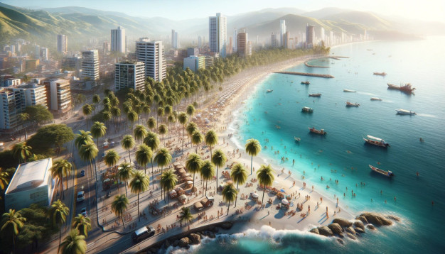 Paysage urbain côtier avec plage et palmiers