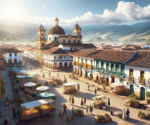 Colonial town square with bustling market and historic church.