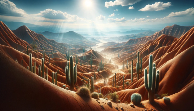 Sunlit desert landscape with cacti and rolling hills.