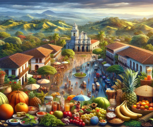 Colorful marketplace in tropical mountainous landscape