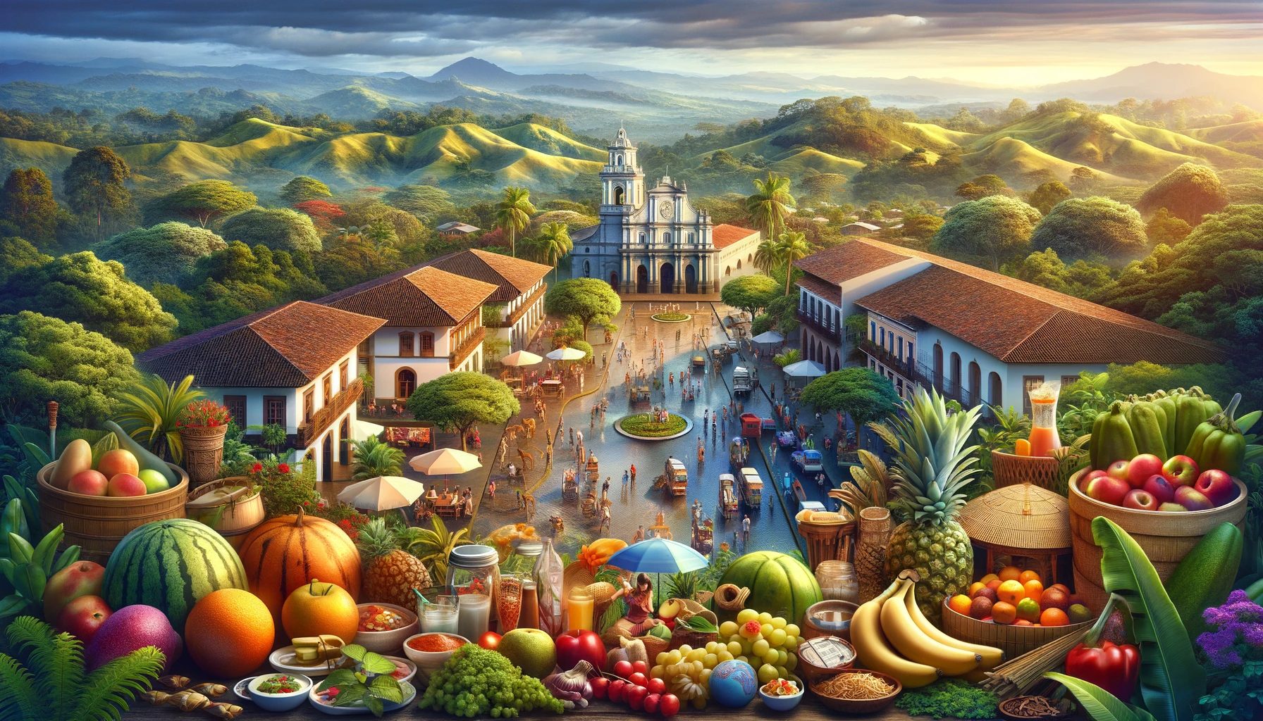 Colorful marketplace in tropical mountainous landscape