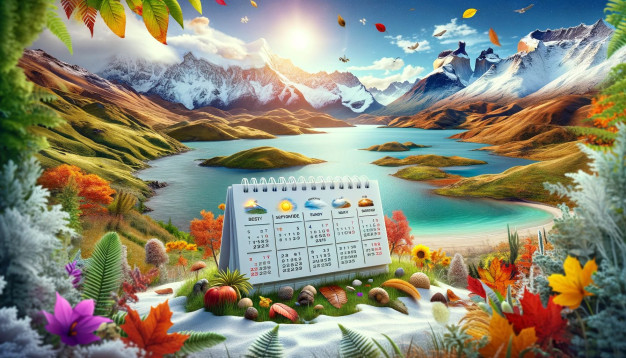 Paysage fantastique avec des éléments saisonniers et un calendrier.
