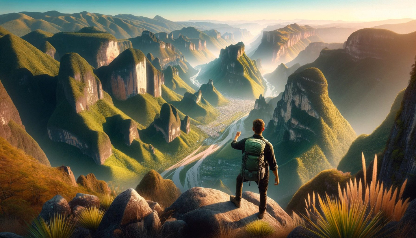 Explorer overlooking a breathtaking mountainous landscape at sunrise.