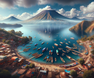 Scenic lakeside village with boats and volcanoes in background.