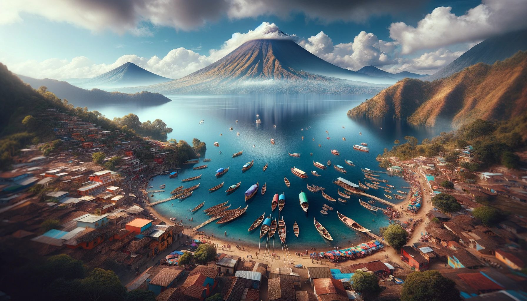 Scenic lakeside village with boats and volcanoes in background.