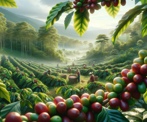 Coffee plantation harvesting scene with lush greenery.