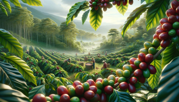 Scène de récolte dans une plantation de café avec une végétation luxuriante.