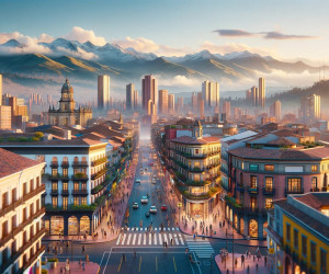 Sunset over bustling cityscape with mountain backdrop.