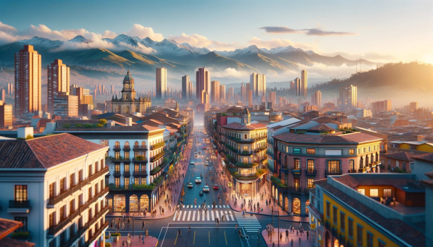 Sunset over bustling cityscape with mountain backdrop.