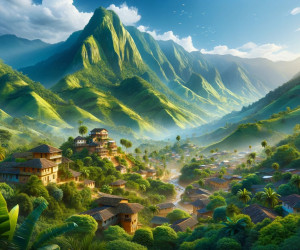 Idyllic mountain village landscape with lush greenery.