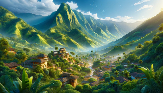 Paysage idyllique d'un village de montagne avec une végétation luxuriante.