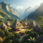 Thatched huts in lush mountain valley landscape.