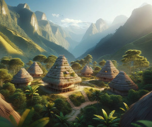 Thatched huts in lush mountain valley landscape.