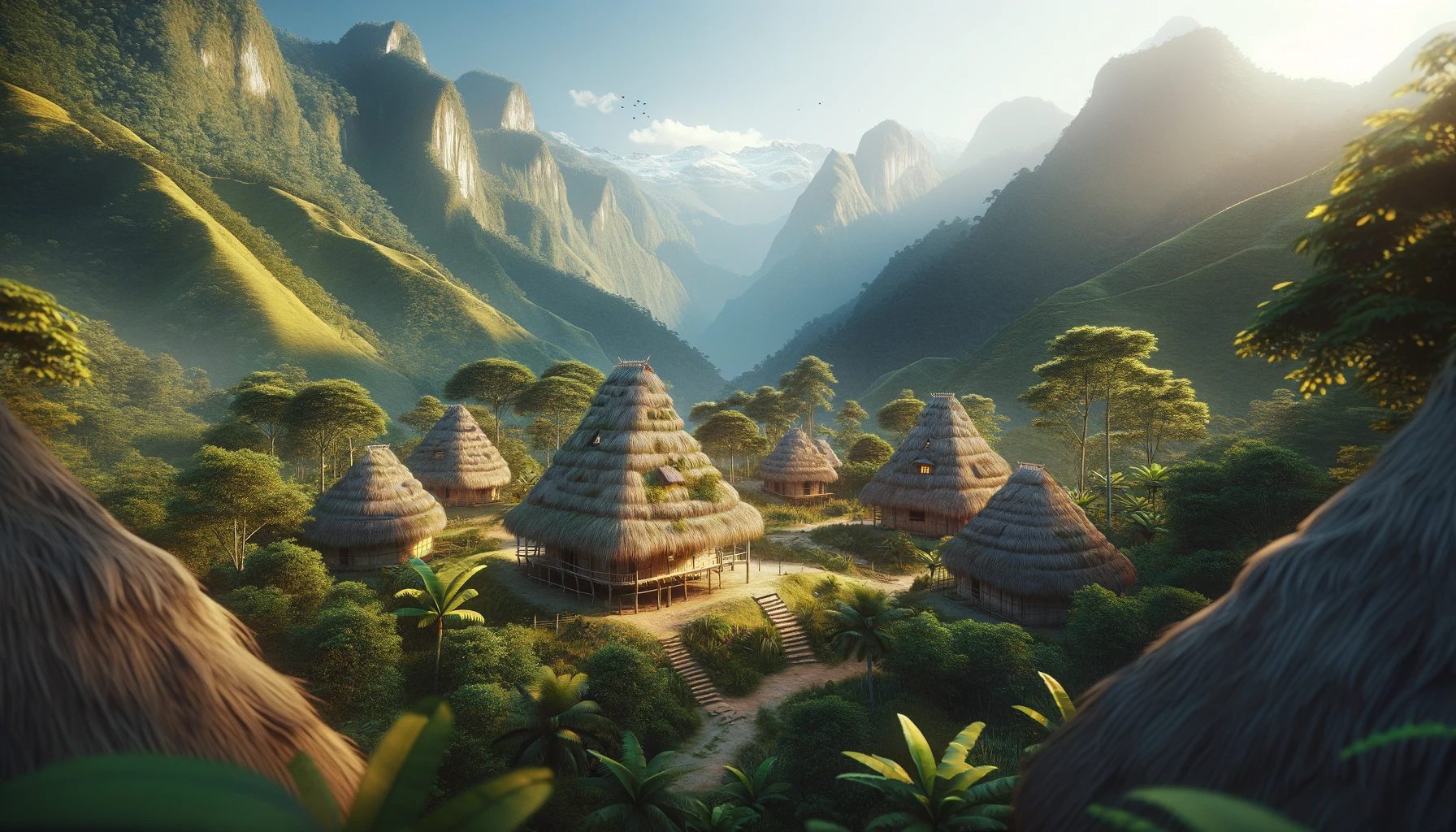 Des huttes au toit de chaume dans un paysage de vallée montagneuse luxuriante.