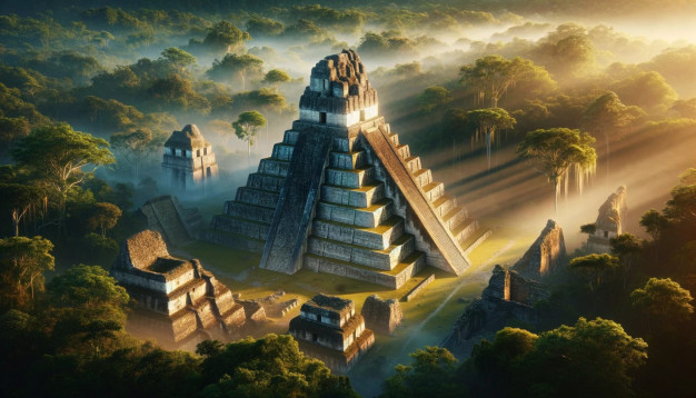 Ancient Mayan pyramid in misty tropical forest at sunrise.