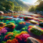 Colorful riverbed with vibrant algae and serene landscape.