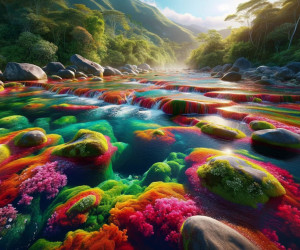 Colorful riverbed with vibrant algae and serene landscape.