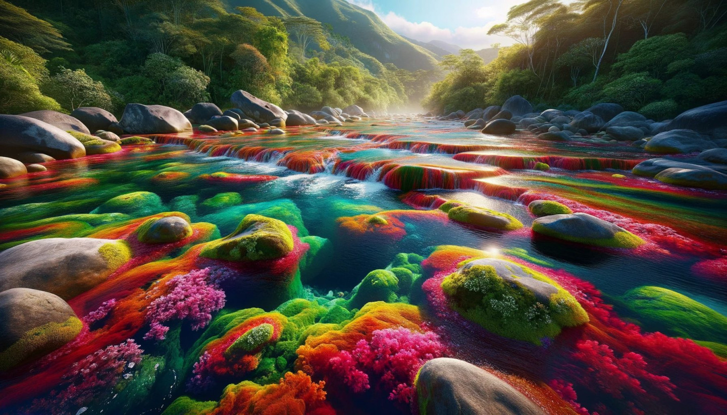 Lit de rivière coloré avec des algues vibrantes et un paysage serein.