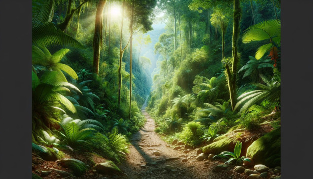 Lumière du soleil filtrant à travers un sentier forestier dense et verdoyant.