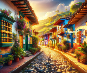 Colorful colonial street at sunset with flowers.