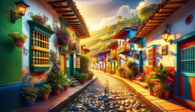 Rue coloniale colorée au coucher du soleil avec des fleurs.