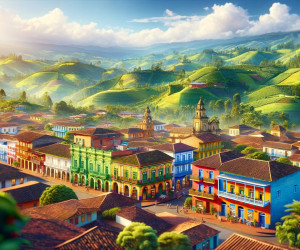 Colorful colonial town with surrounding green hills.