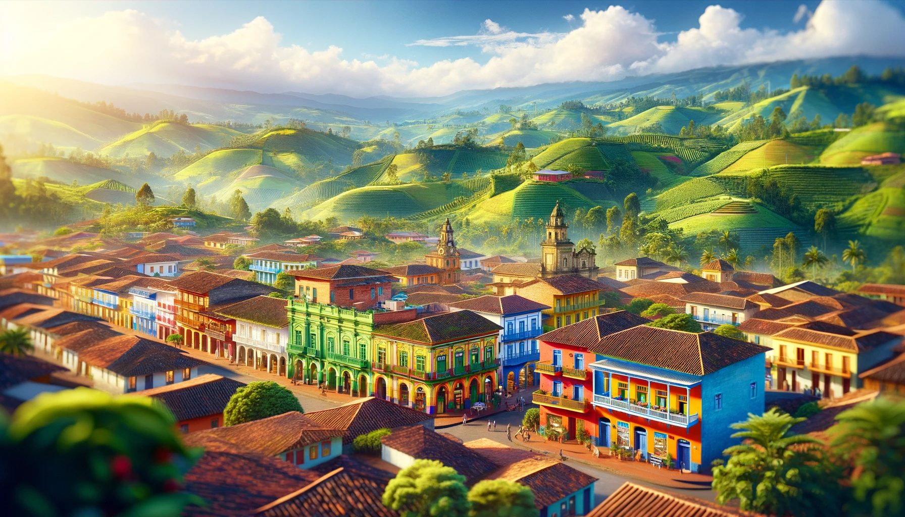 Colorful colonial town with surrounding green hills.