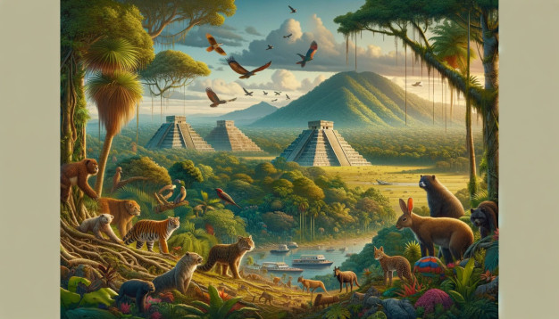 Une jungle vibrante avec d'anciennes pyramides et une faune variée.